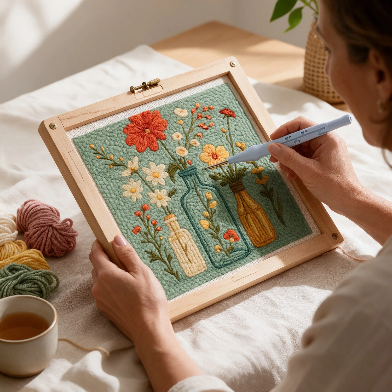 Kit Punch Needle Quadro Vaso de Flores com Bastidor Quadrado