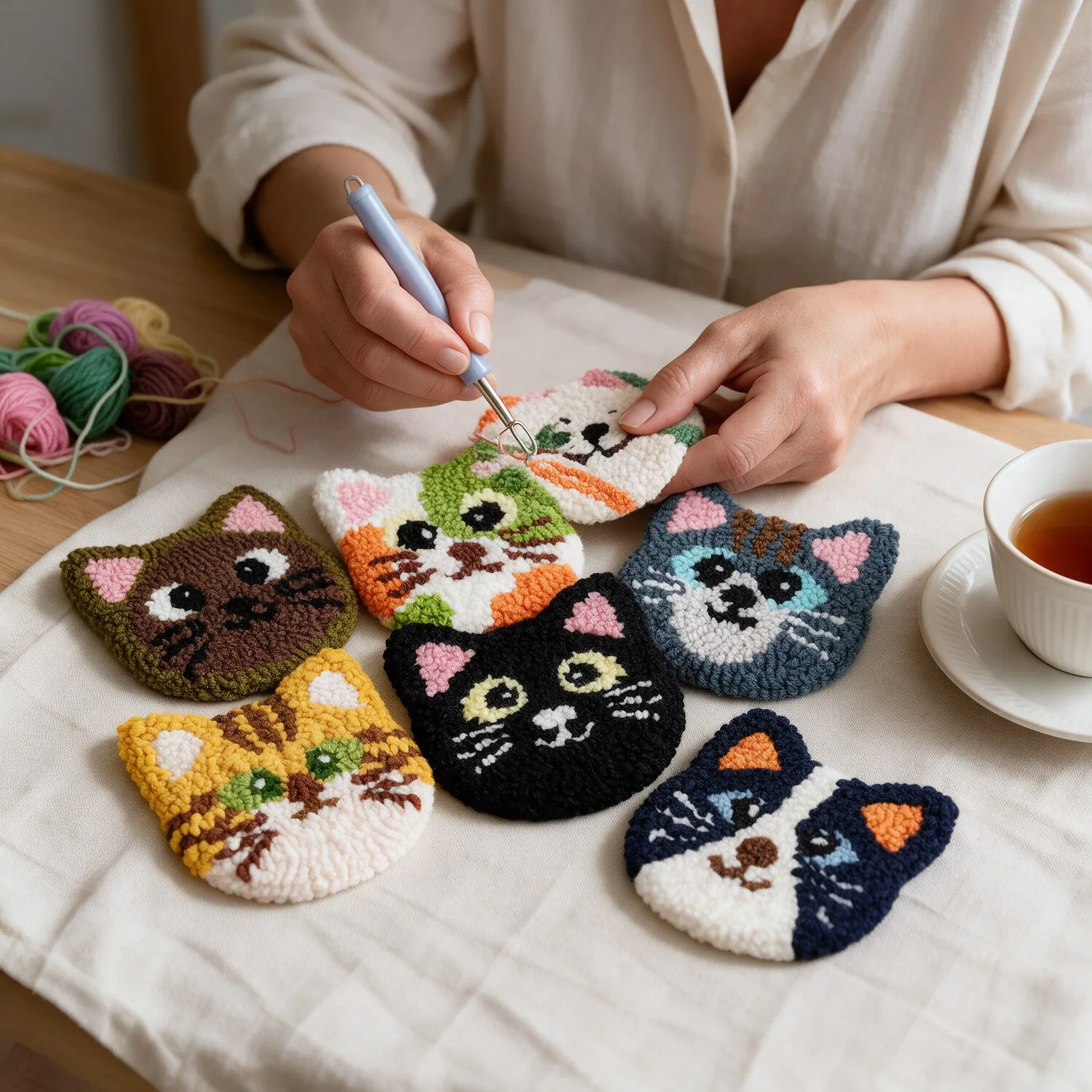 Kit Punch Needle Porta-Copos Gatinhos (6 peças)