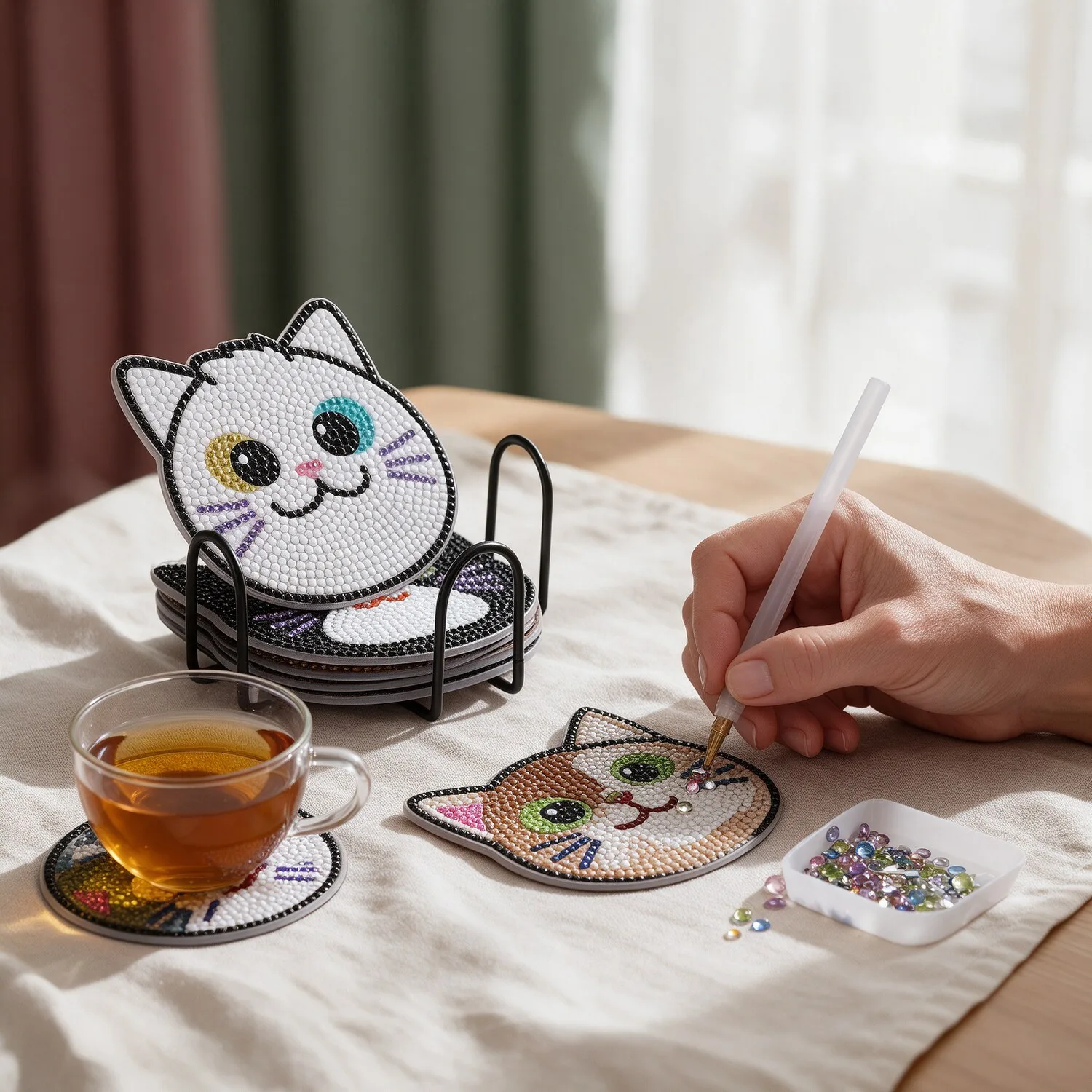 Pintura com Diamantes Porta-Copos Gatinhos com Suporte