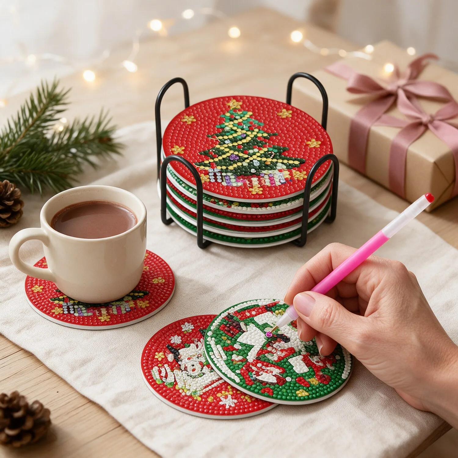 Pintura com Diamantes Porta-Copos de Natal com Suporte (8 peças)