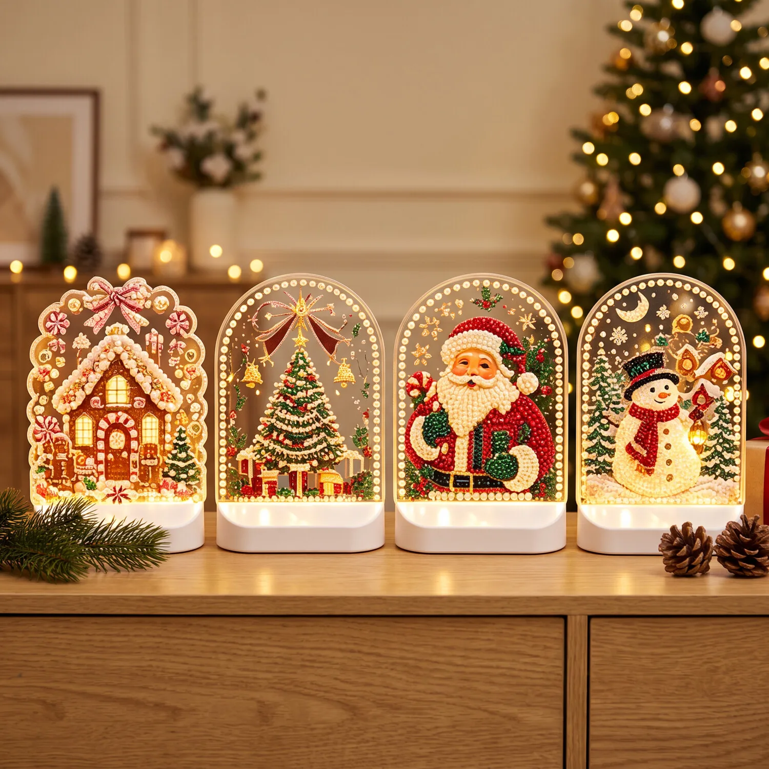 Kit 4 Luminárias de Natal LED com Pintura de Diamantes