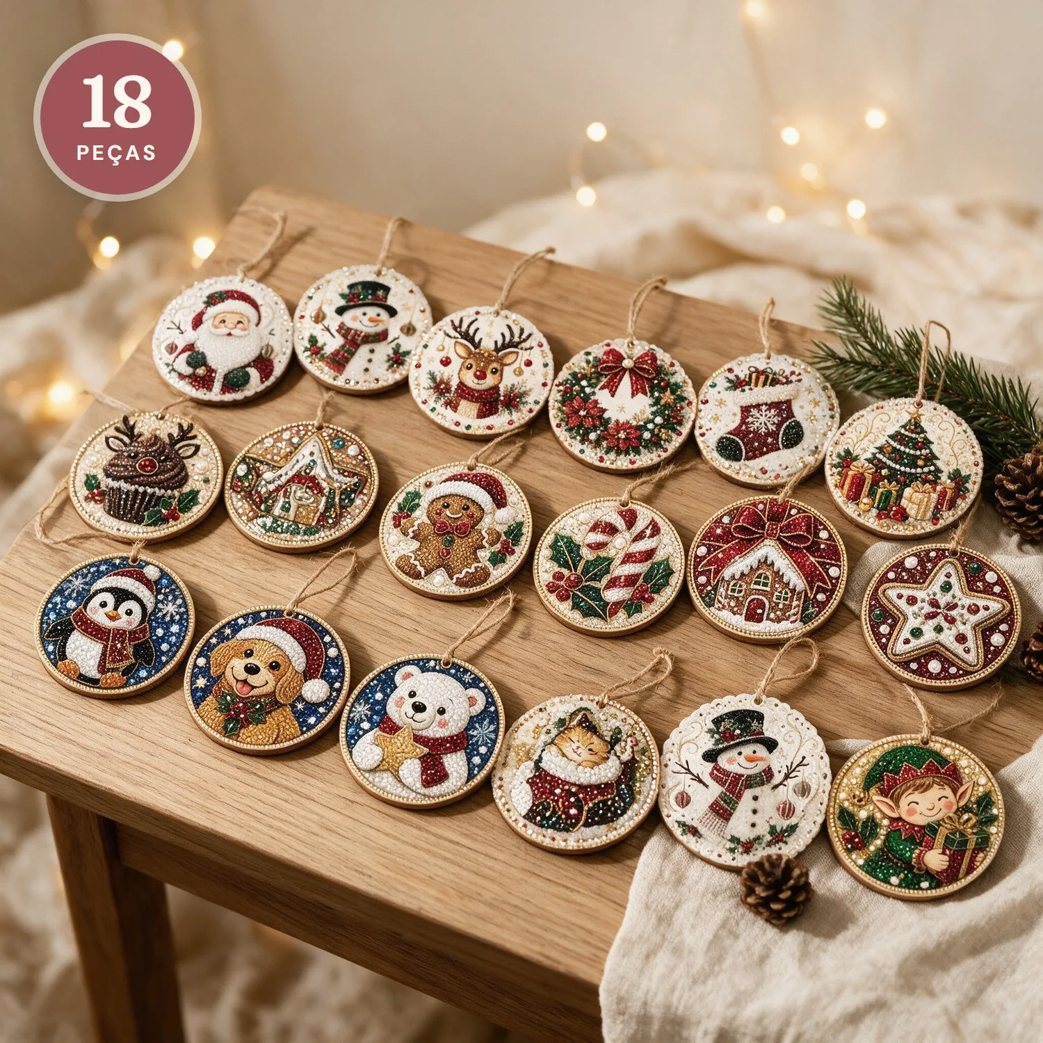 Kit 18 Enfeites de Natal com Pintura de Diamantes (Todos os Modelos)