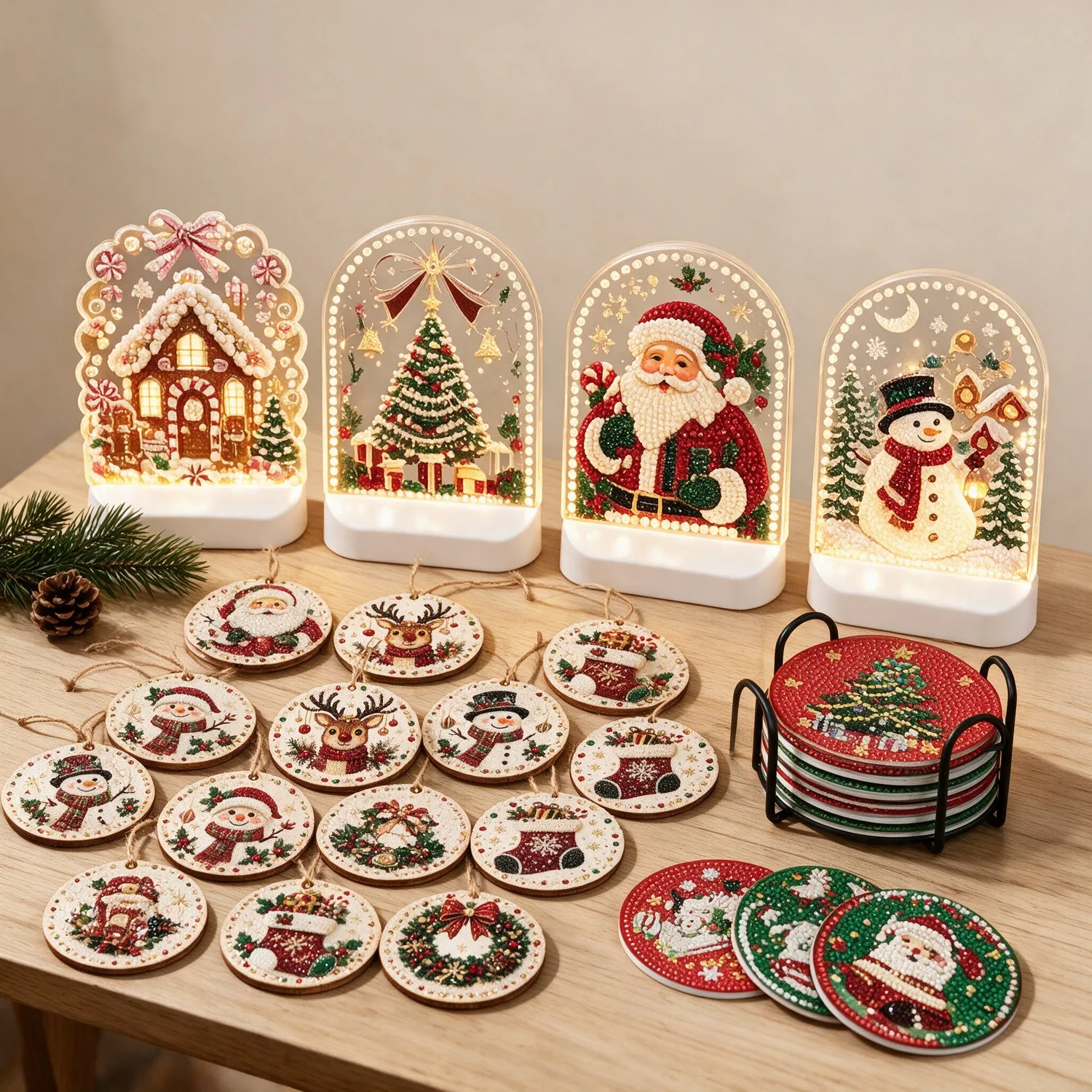 Kit Família: 18 Enfeites + 4 Luminárias LED + 10 Porta-Copos de Natal com Pintura de Diamantes