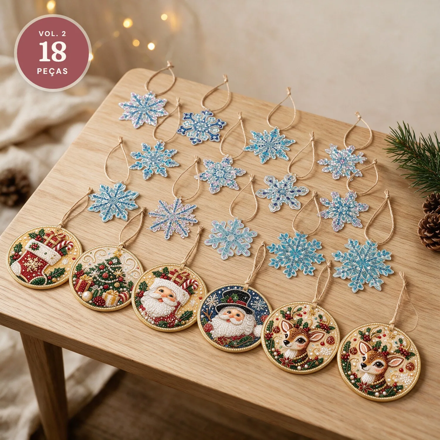 Kit 18 Enfeites de Natal vol. 2: 12 Flocos de Neve + 6 Formatos com Pintura de Diamantes