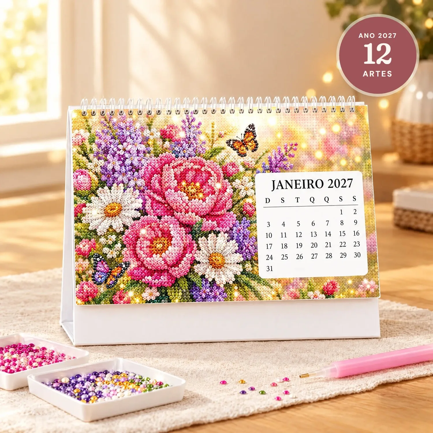 Calendário 2027 da Vovó com Pintura de Diamantes: 12 Artes, Uma por Mês, para Fazer com os Netos