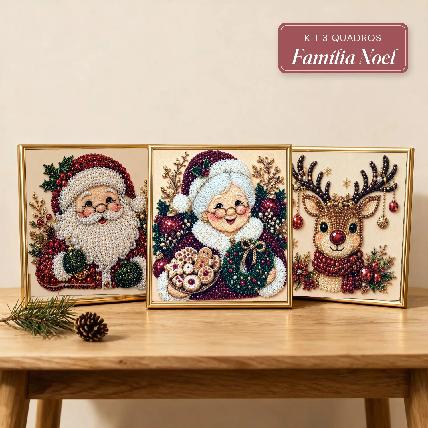 Kit 3 Quadros de Natal Família Noel com Pérolas e Diamantes (Papai Noel, Mamãe Noel e Rena)