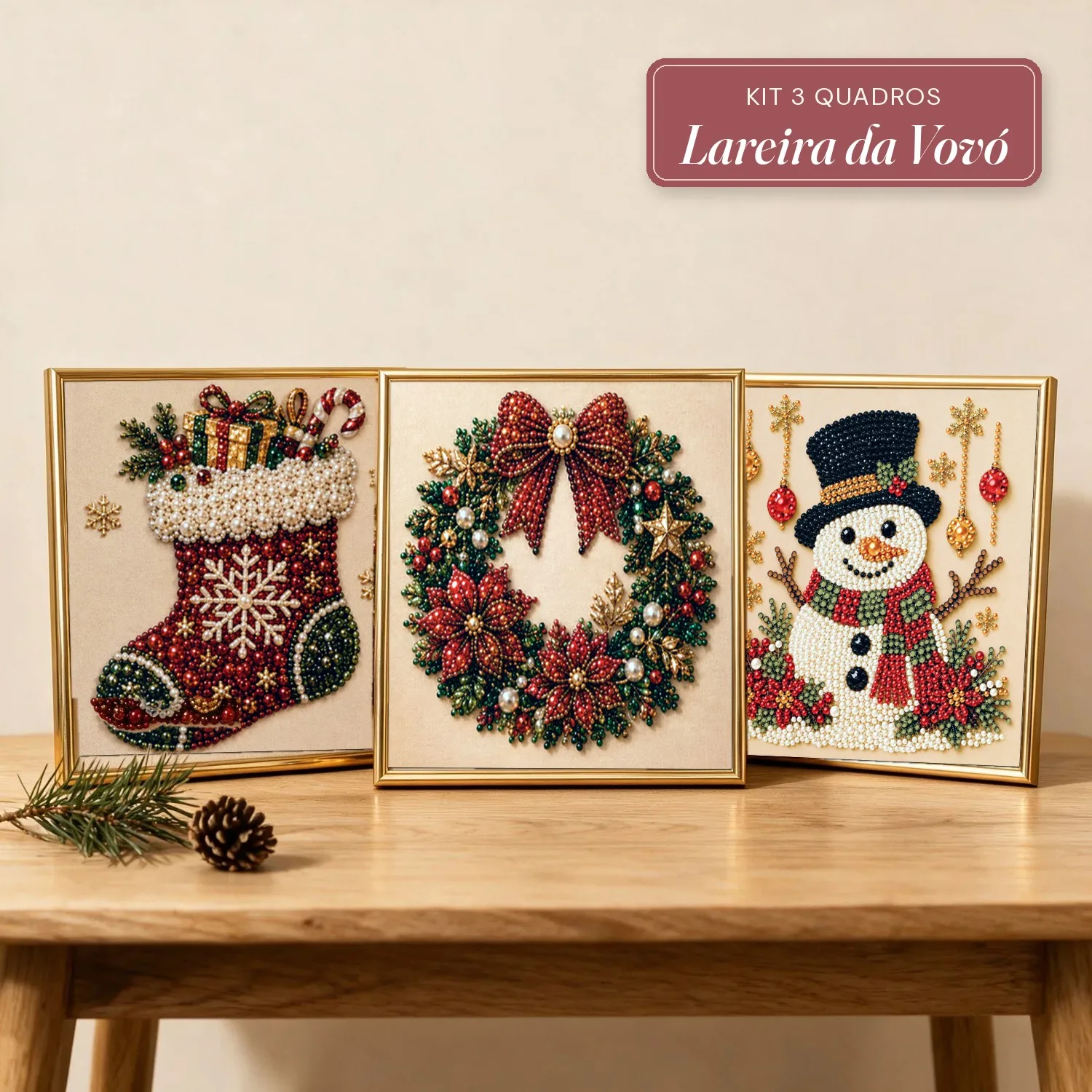 Kit 3 Quadros de Natal Lareira da Vovó com Pérolas e Diamantes (Meia, Guirlanda e Boneco de Neve)