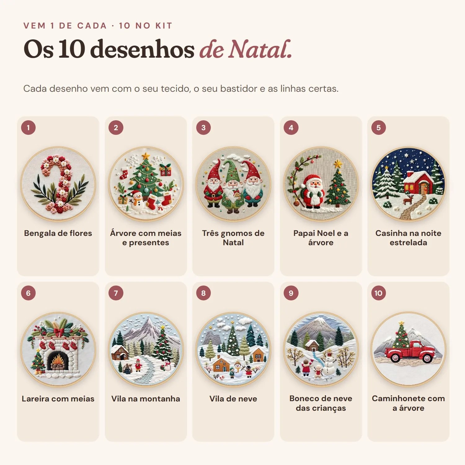 Os 10 desenhos de bordado de Natal do kit, numerados