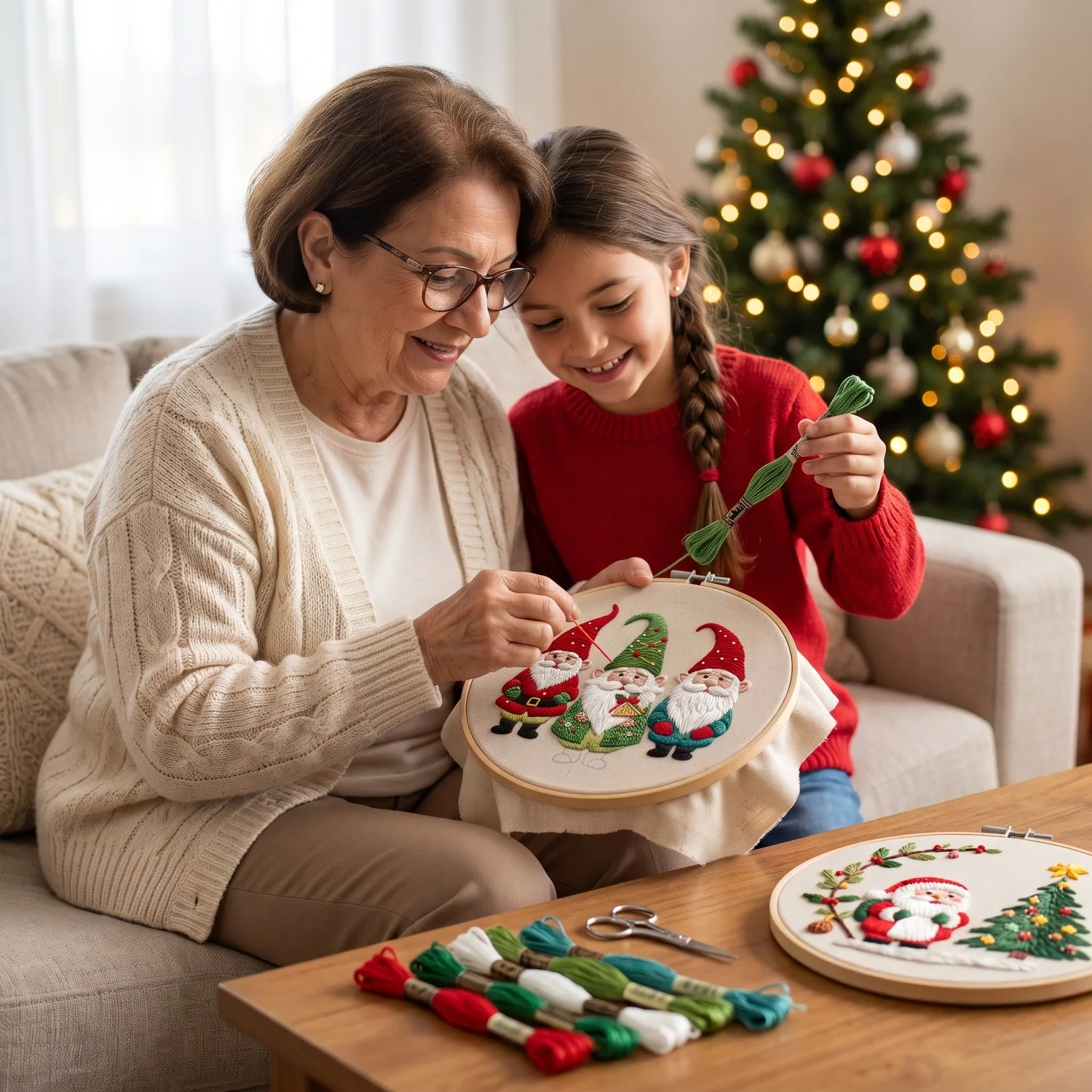 Avó bordando os três gnomos de Natal com a neta no sofá, ao lado da árvore