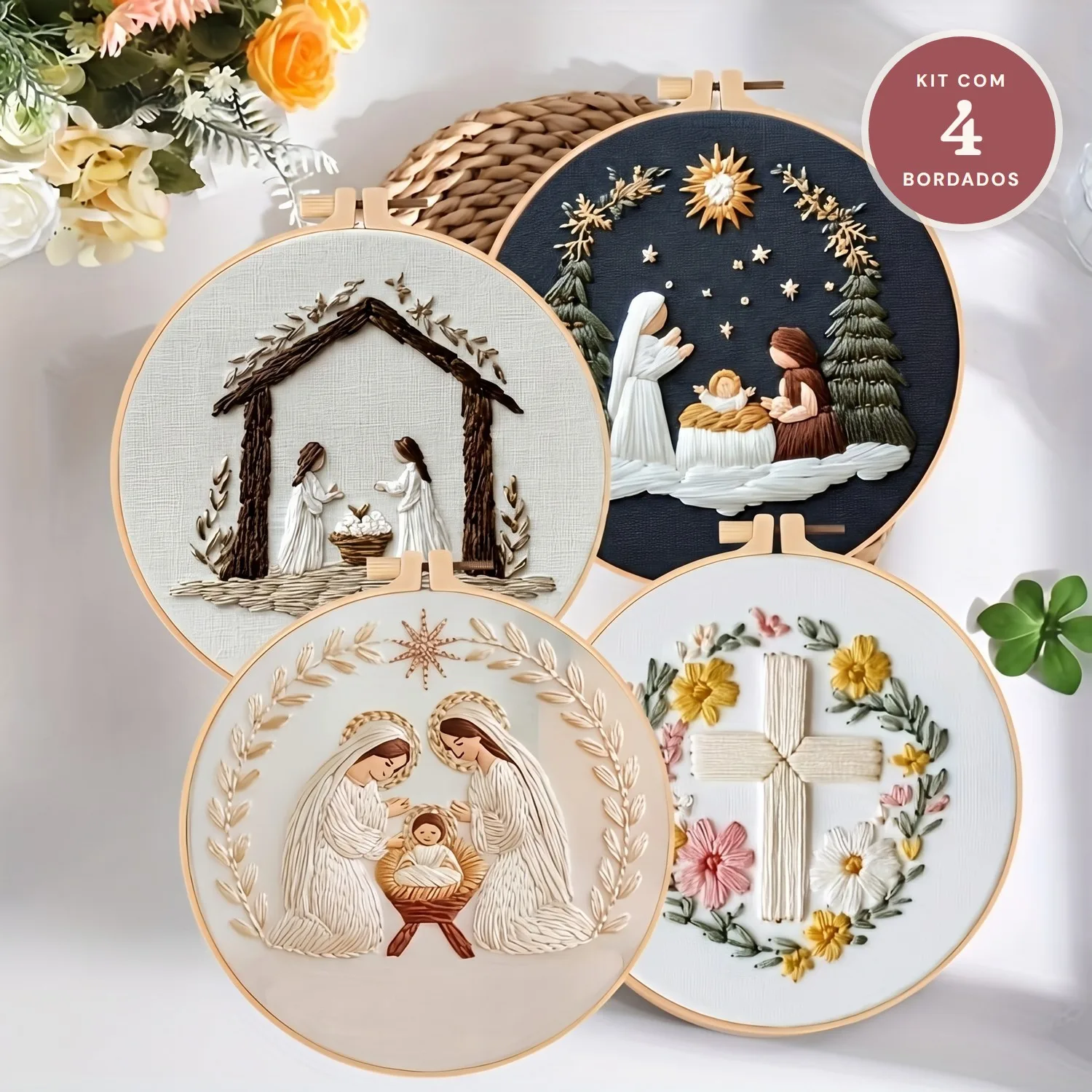 Kit 4 Bordados de Natal com Bastidor (Presépio e Sagrada Família)