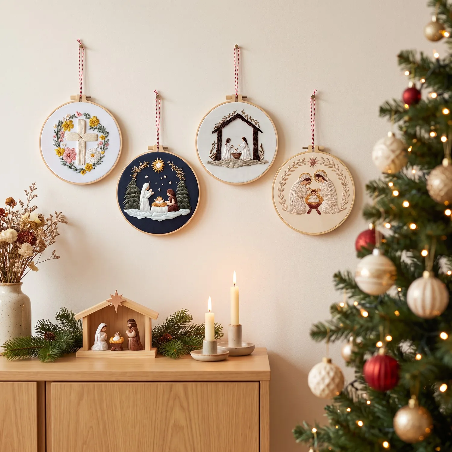 Os 4 bordados de Natal nos bastidores pendurados na parede da sala, ao lado da árvore