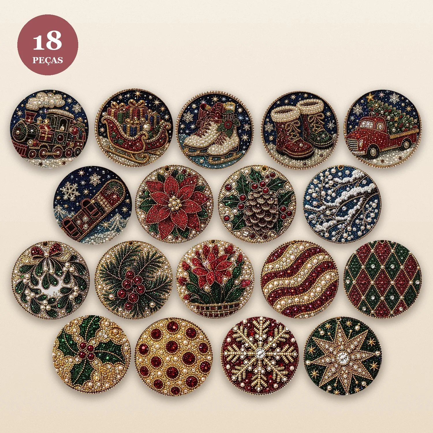 Kit 18 Enfeites de Natal Inverno Vintage: Caminhonete, Trenó, Patins e Flores com Pintura de Diamantes