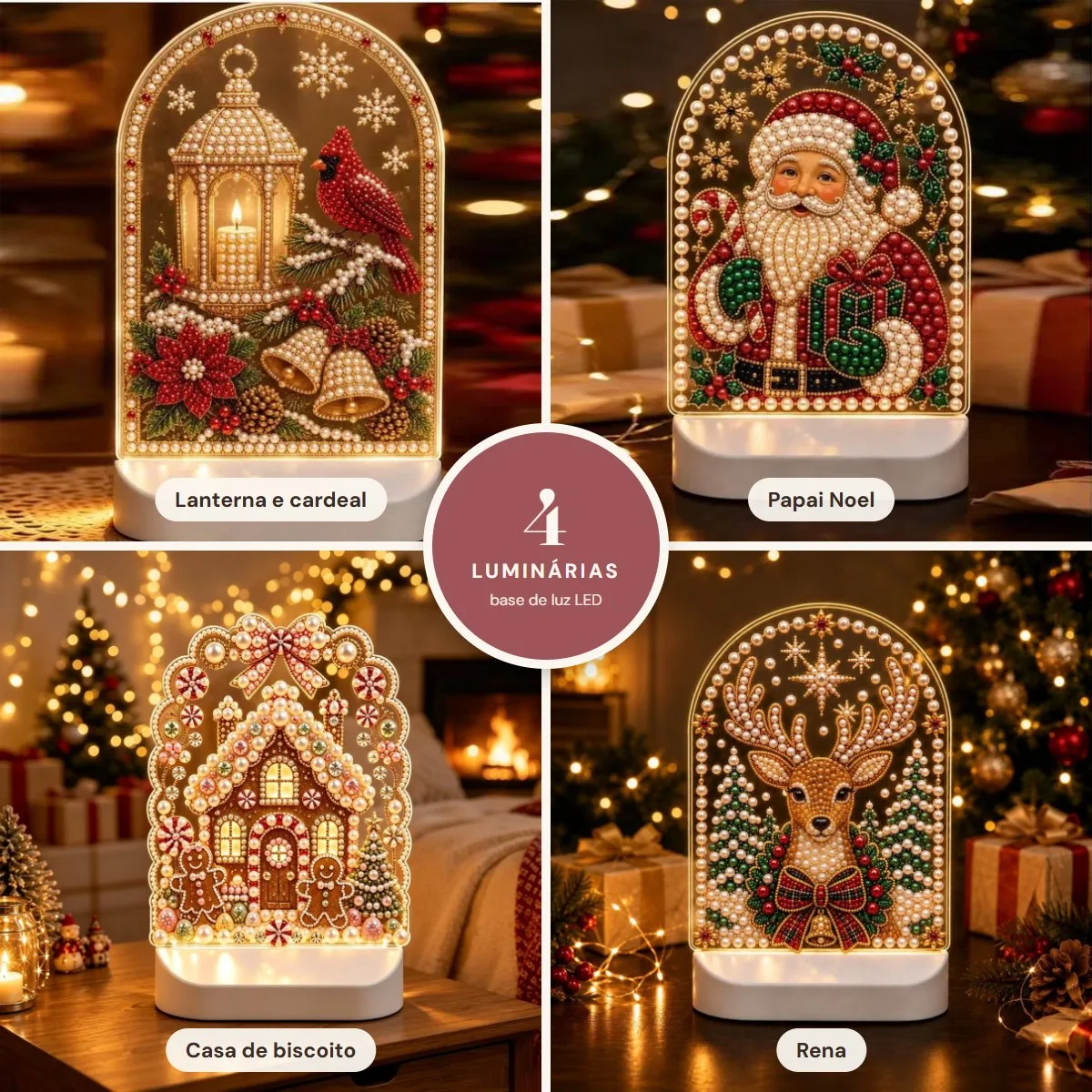 Kit 4 Luminárias de Natal LED com Pérolas e Diamantes: Papai Noel, Casa de Biscoito, Lanterna e Rena