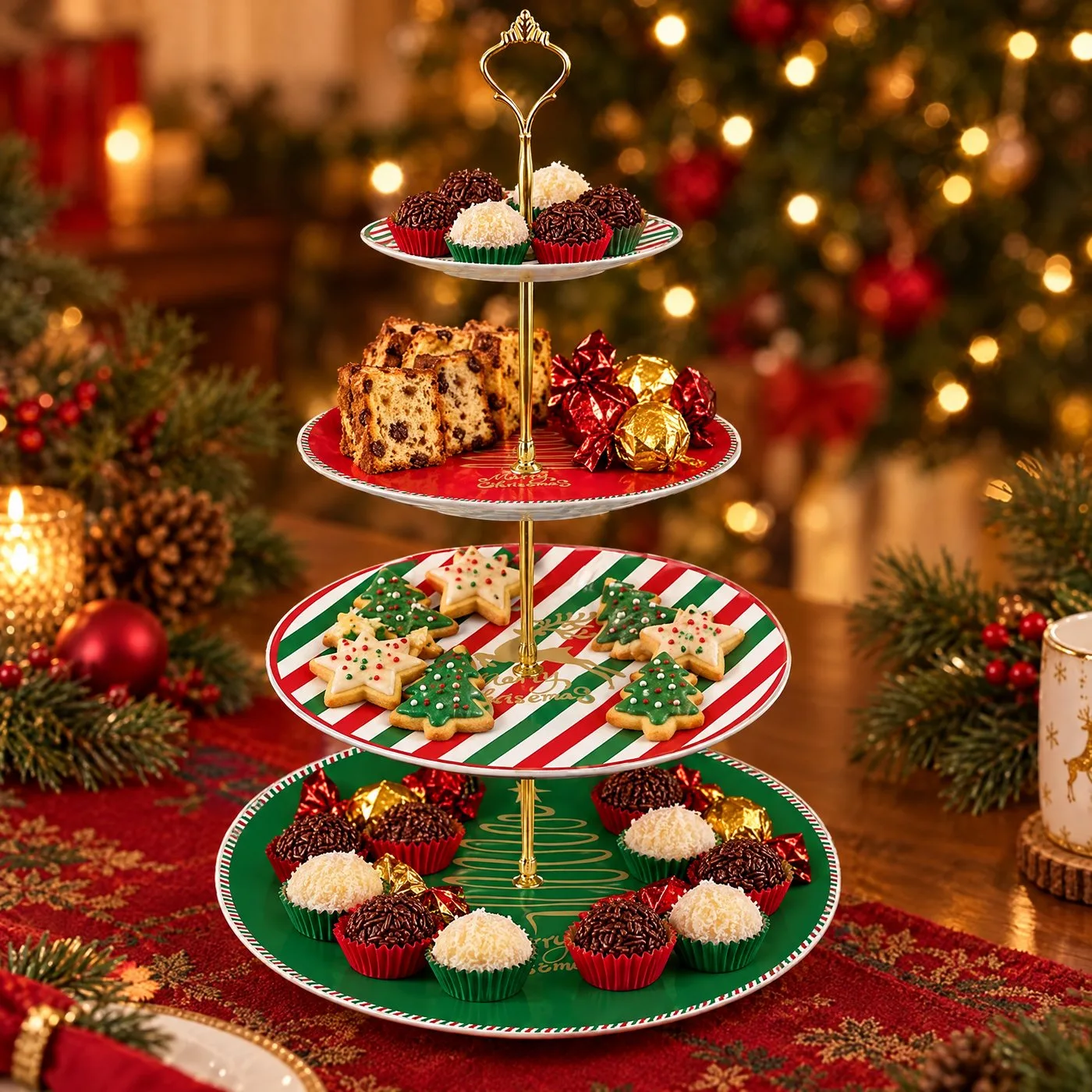 Torre de doces de 4 andares com brigadeiros, biscoitos e panetone