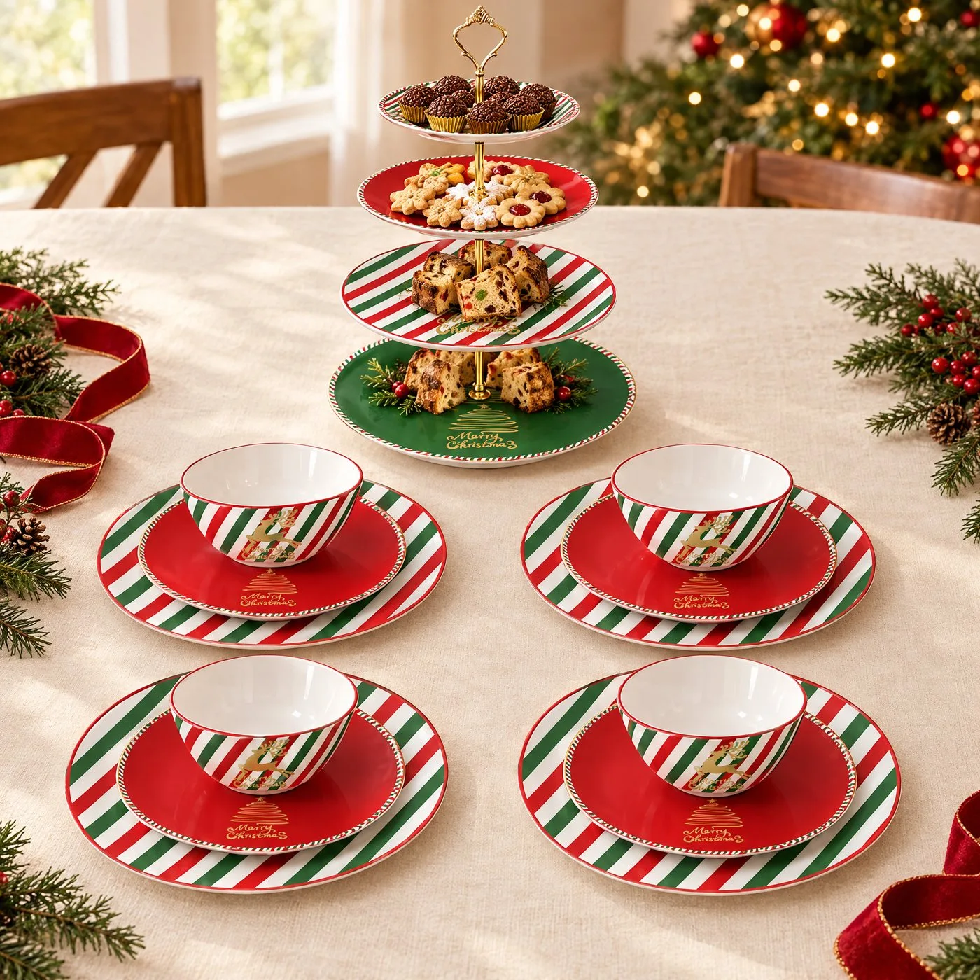 Aparelho de Jantar de Natal Rena Dourada: Kit 12, 18 ou 24 Peças + Torre de Doces de Brinde