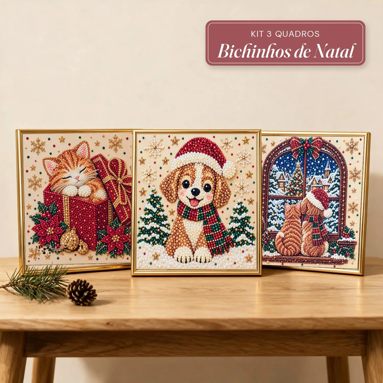 Kit 3 Quadros Bichinhos de Natal com Pérolas e Diamantes (Gatinho no Presente, Cachorrinho na Neve e os Dois na Janela)