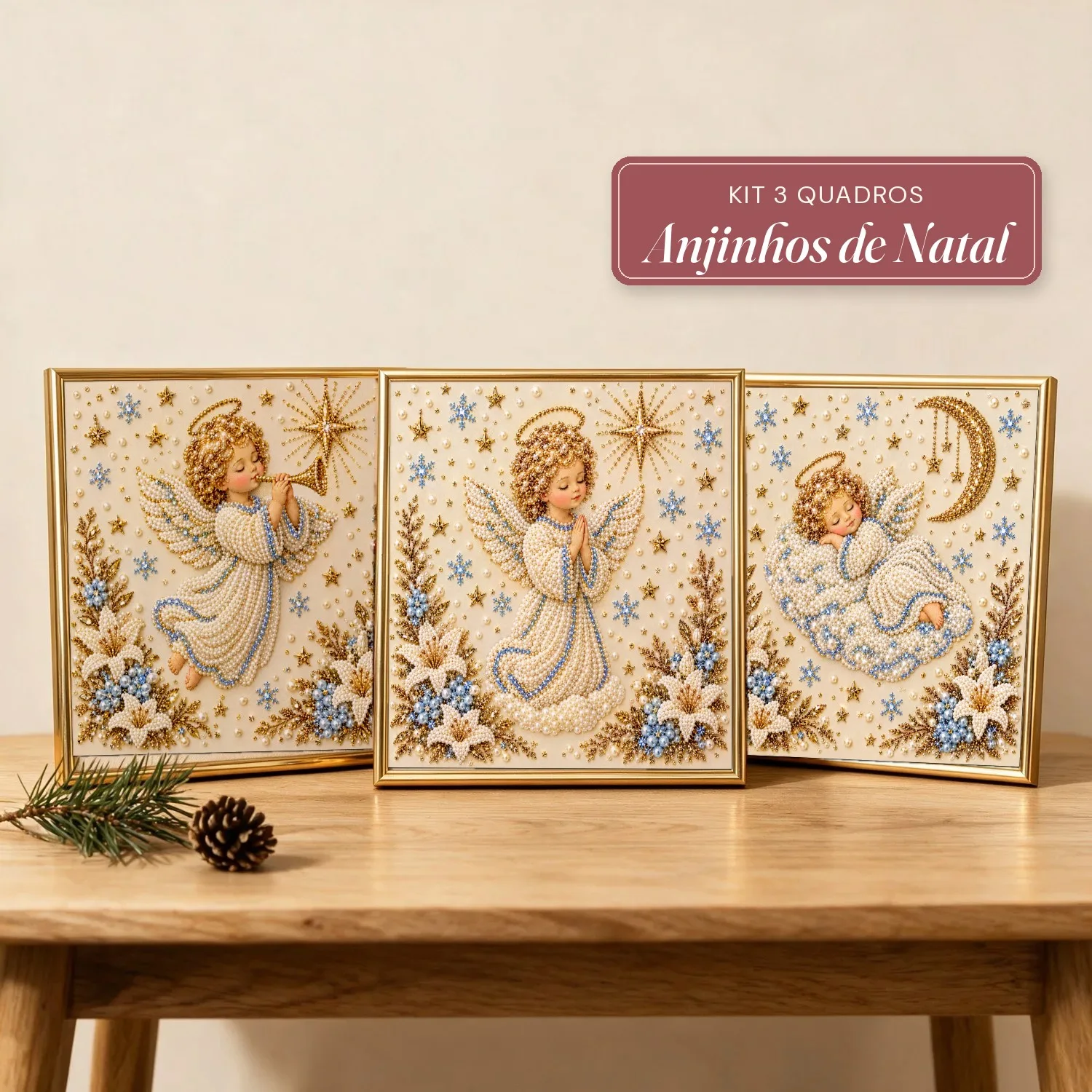 Kit 3 Quadros Anjinhos de Natal com Pérolas e Diamantes (Anjinho da Trombeta, Anjinho Rezando e Anjinho Dormindo)