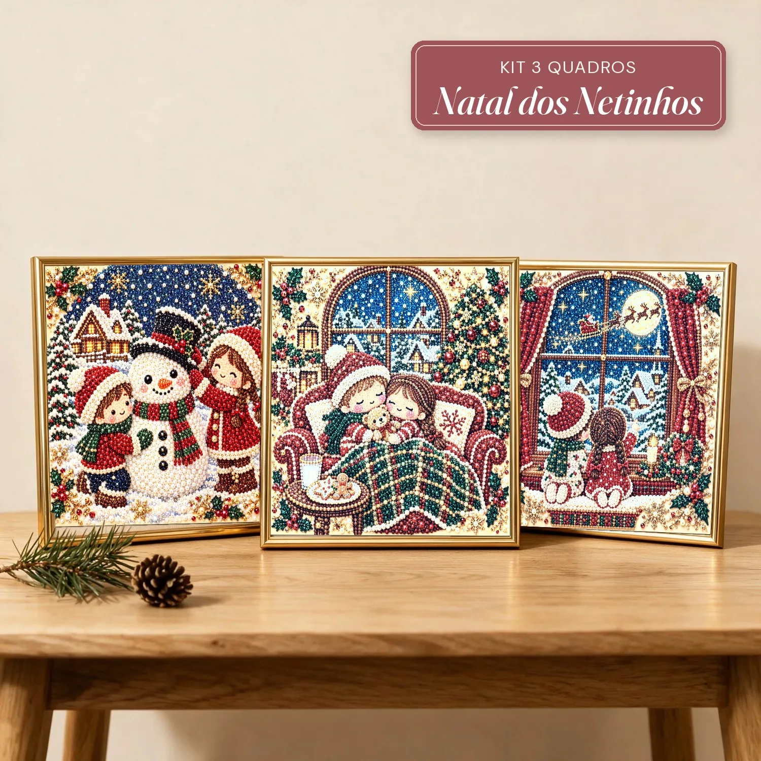 Kit 3 Quadros Natal dos Netinhos com Pérolas e Diamantes (Boneco de Neve, Esperando o Papai Noel e Trenó na Janela)