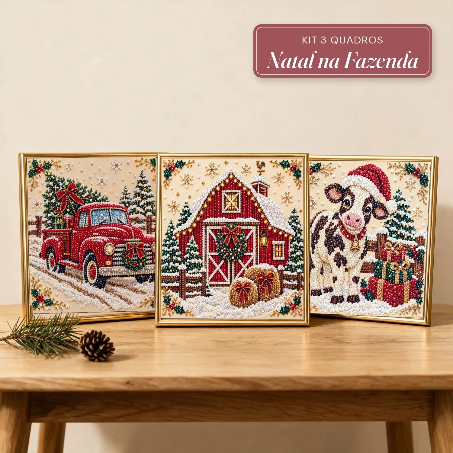 Kit 3 Quadros Natal na Fazenda com Pérolas e Diamantes (Caminhonete, Celeiro e Vaquinha)