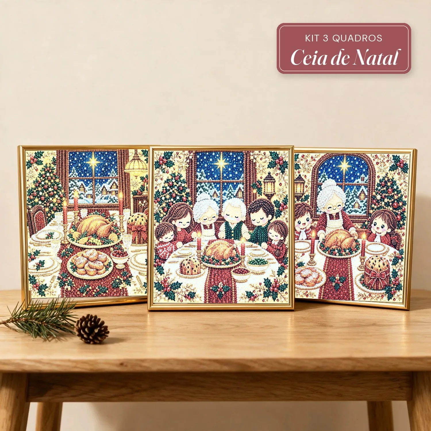 Kit 3 Quadros Ceia de Natal da Família com Pérolas e Diamantes (Mesa da Ceia, Família Rezando e Vovó Servindo)