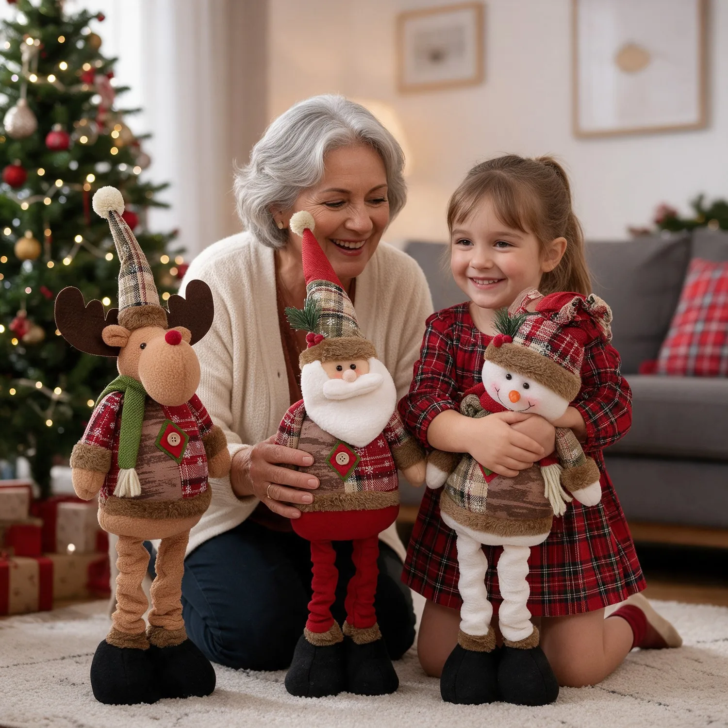 Vovó e neta ajoelhadas no tapete da sala com os três bonecos de Natal