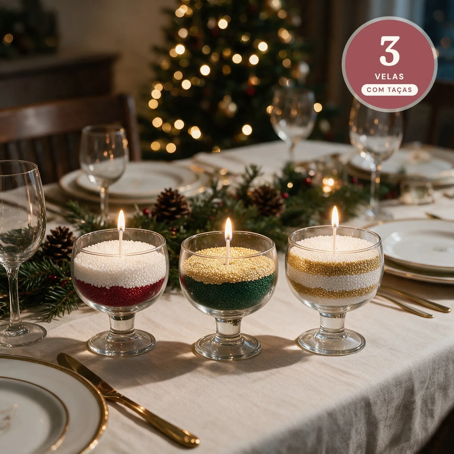 Kit 3 Velas de Natal da Vovó: Taças de Vidro com Pérolas de Cera Vermelha, Verde, Branca e Dourada + Pavios
