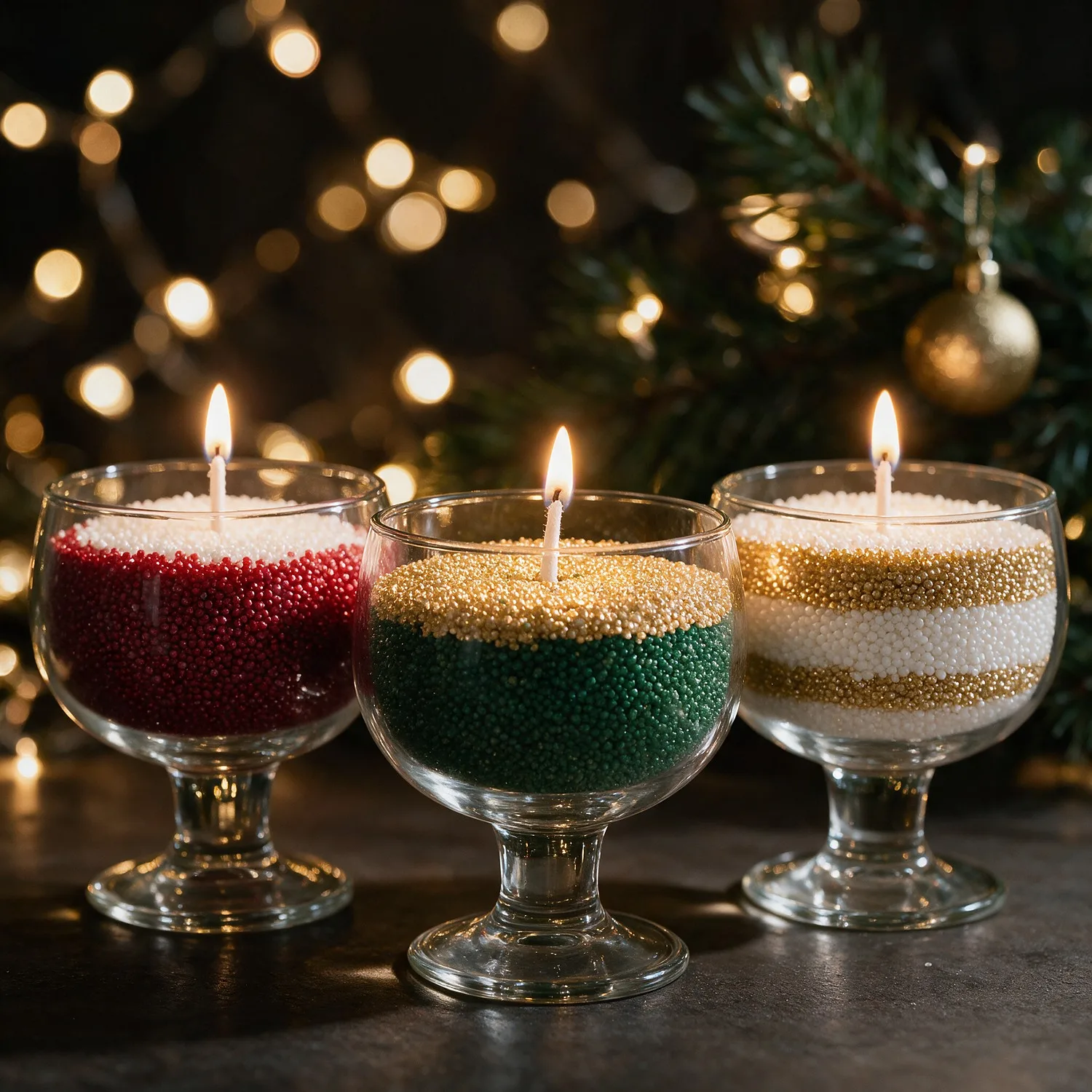 Três velas de cera perolada vermelha, verde, branca e dourada acesas em taças de vidro