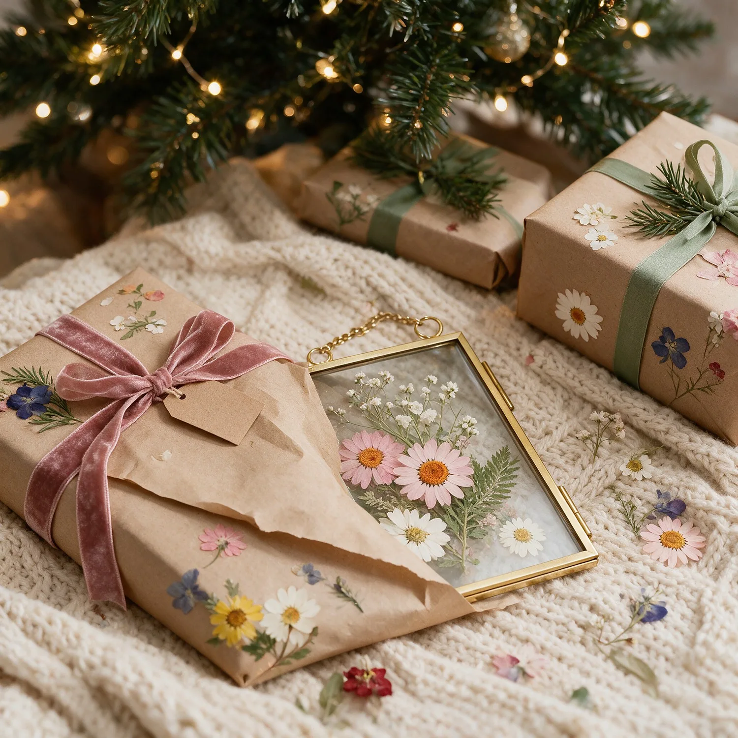 Quadro de flores prensadas embrulhado para presente embaixo da árvore de Natal