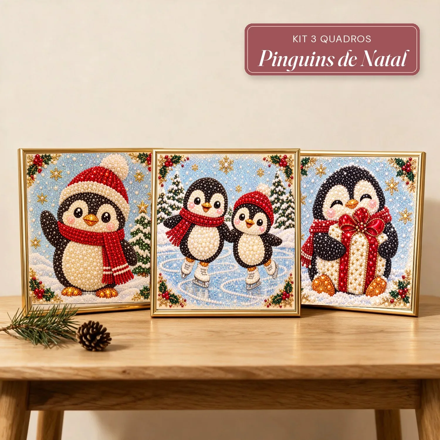Kit 3 Quadros Pinguins de Natal com Pérolas e Diamantes (Pinguim de Cachecol, Pinguins Patinando e Pinguinzinho com Presente)