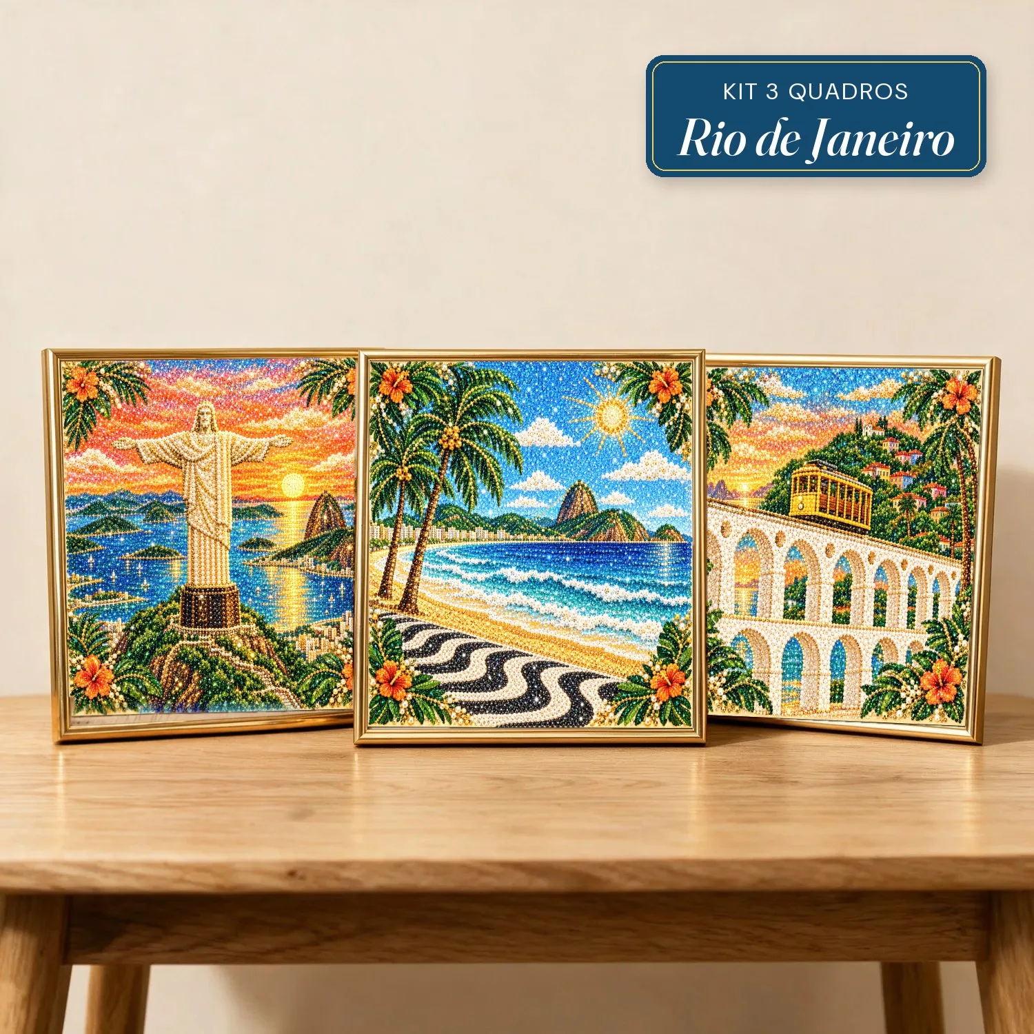 Kit 3 Quadros Rio de Janeiro com Pérolas e Diamantes (Cristo Redentor, Copacabana e Arcos da Lapa)