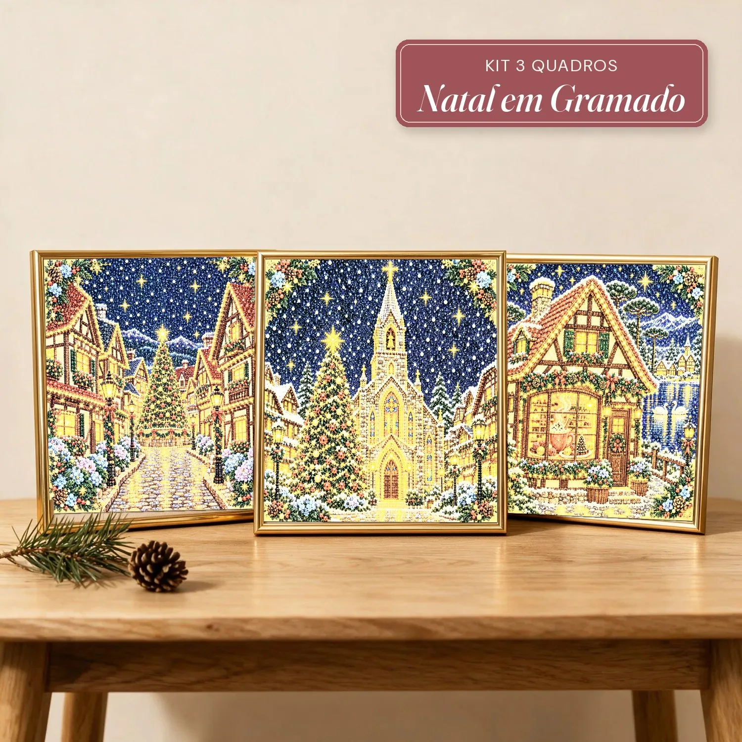 Kit 3 Quadros Natal em Gramado com Pérolas e Diamantes (Rua das Luzes, Igreja de Pedra e Chalé do Chocolate)