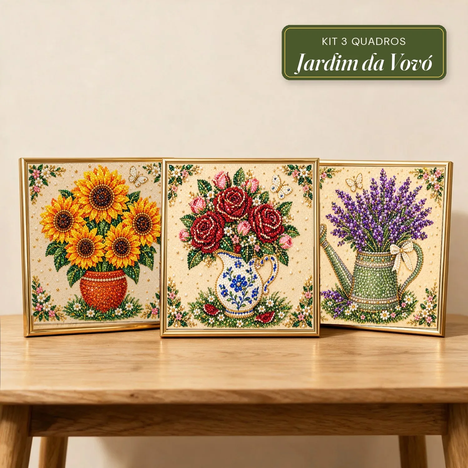 Kit 3 Quadros Jardim da Vovó com Pérolas e Diamantes (Girassóis, Rosas Vermelhas e Regador com Lavandas)