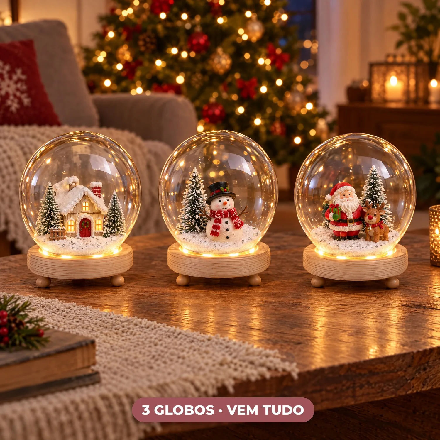 Kit 3 Globos de Neve de Natal para Montar com os Netos: Casinha, Boneco de Neve e Papai Noel com Base de Madeira Iluminada