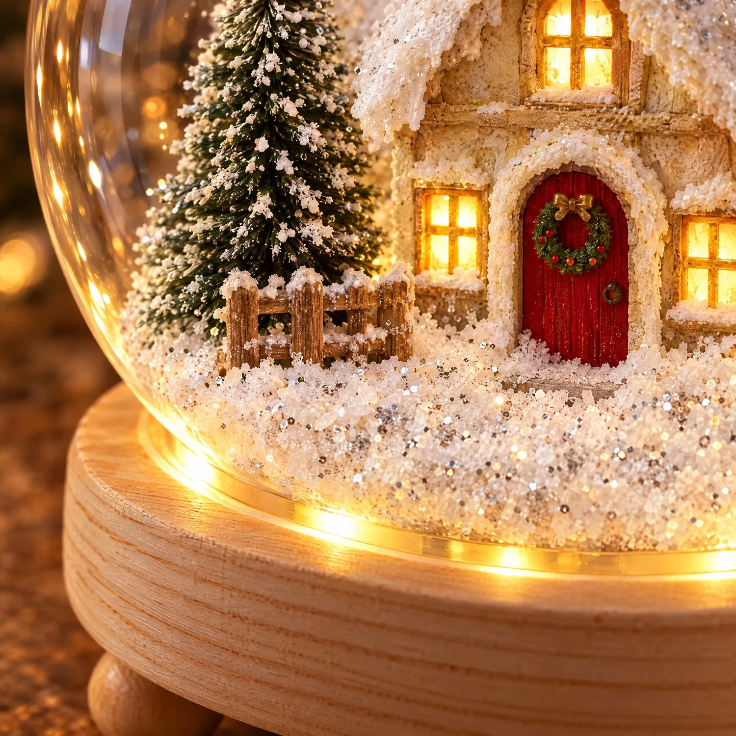 Detalhe da neve seca com glitter prateado brilhando dentro do globo, sobre a base de madeira iluminada
