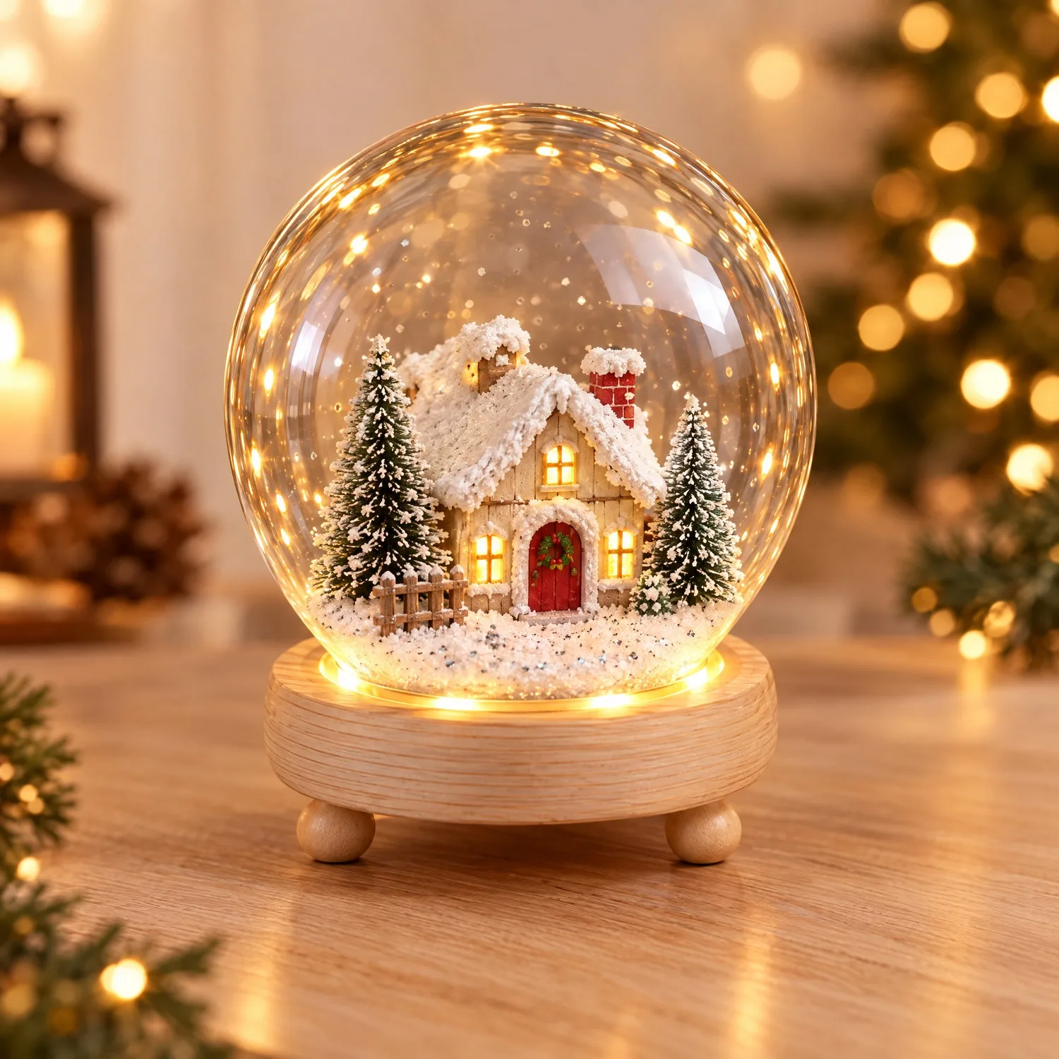 Globo de neve com a casinha de Natal de porta vermelha, janelas acesas, cerquinha e pinheirinhos