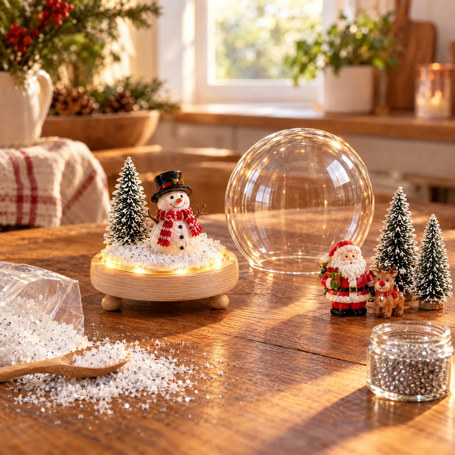 Base de madeira com o boneco de neve e um pinheirinho já fixados, cúpula de vidro ao lado e Papai Noel e rena esperando na mesa