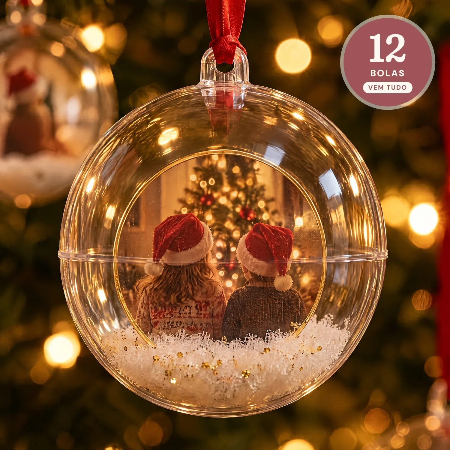 Kit 12 Bolas de Natal Transparentes para Rechear com as Fotos da Família (com neve, glitter e mini pinhas)