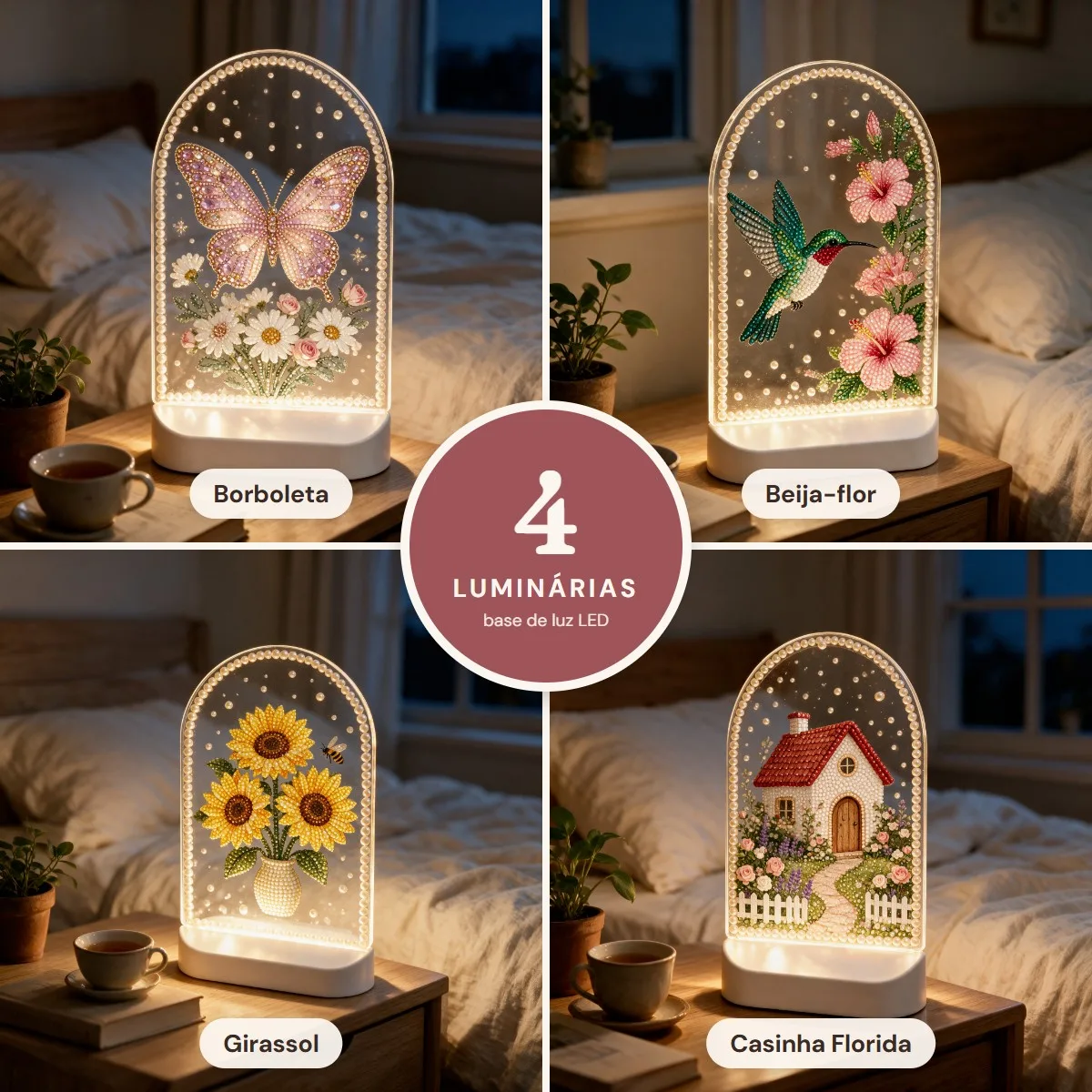 Kit 4 Luminárias do Jardim LED com Pérolas e Diamantes: Borboleta, Beija-flor, Girassol e Casinha Florida