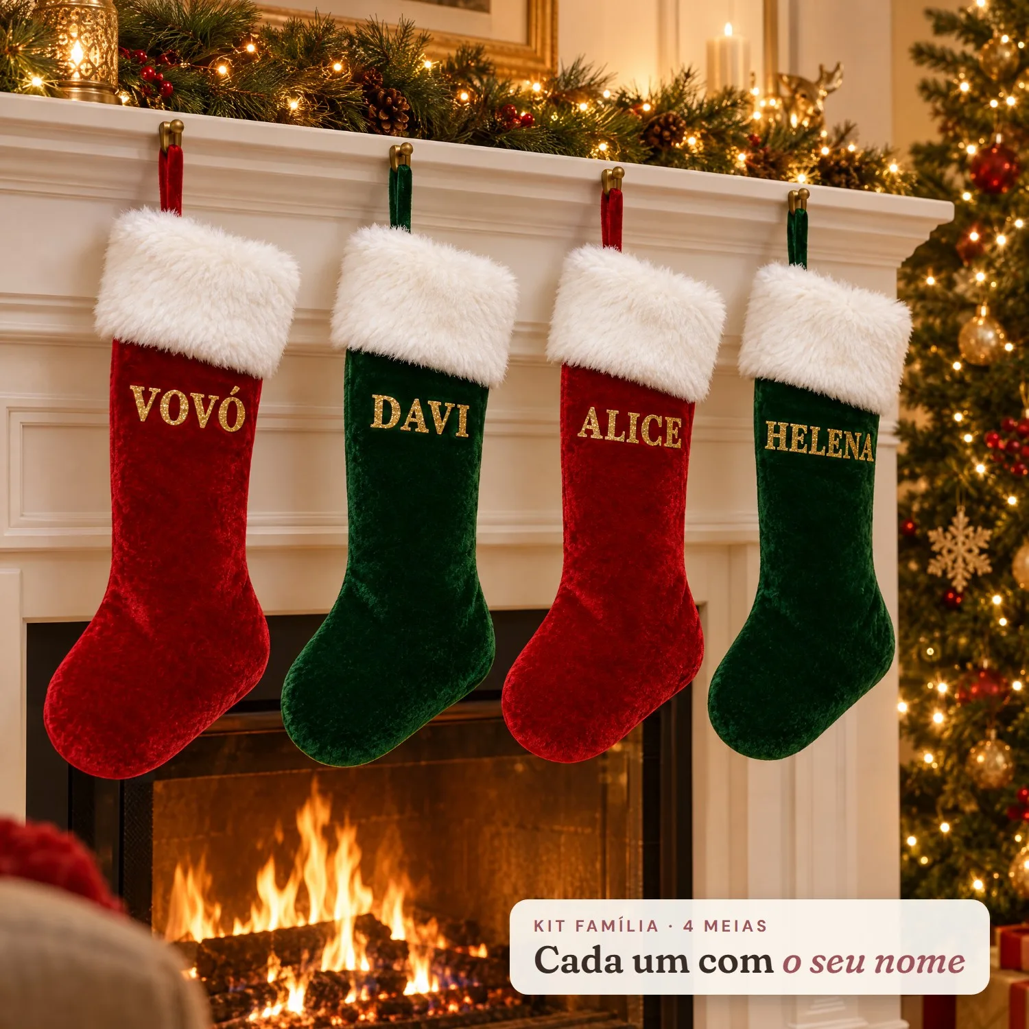 Kit 4 Meias de Natal da Família com Nome: Veludo com Letras Douradas (cerca de 45 cm)