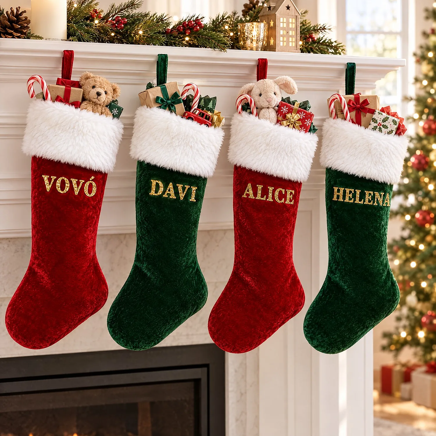 As quatro meias cheias de presentinhos na manhã de Natal