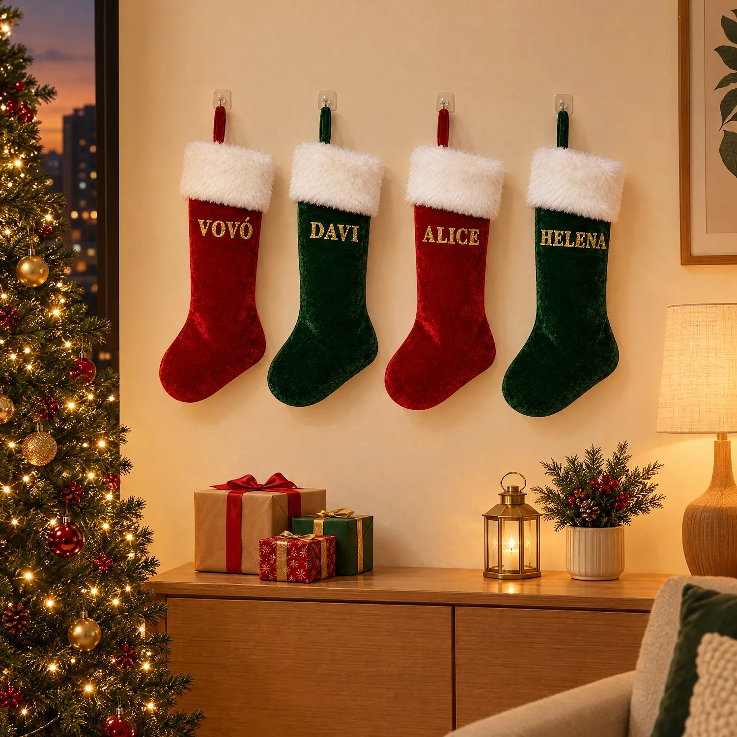 As quatro meias com nomes penduradas em ganchinhos adesivos numa parede creme, ao lado da árvore de Natal acesa