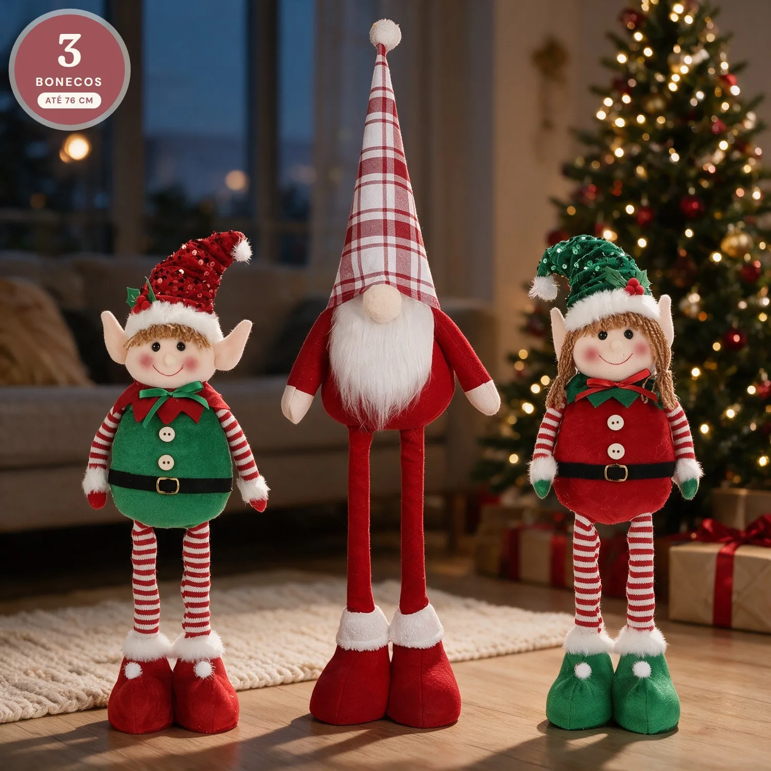 Kit 3 Bonecos de Natal de Pernas Longas (Duende, Duendinha e Gnomo)