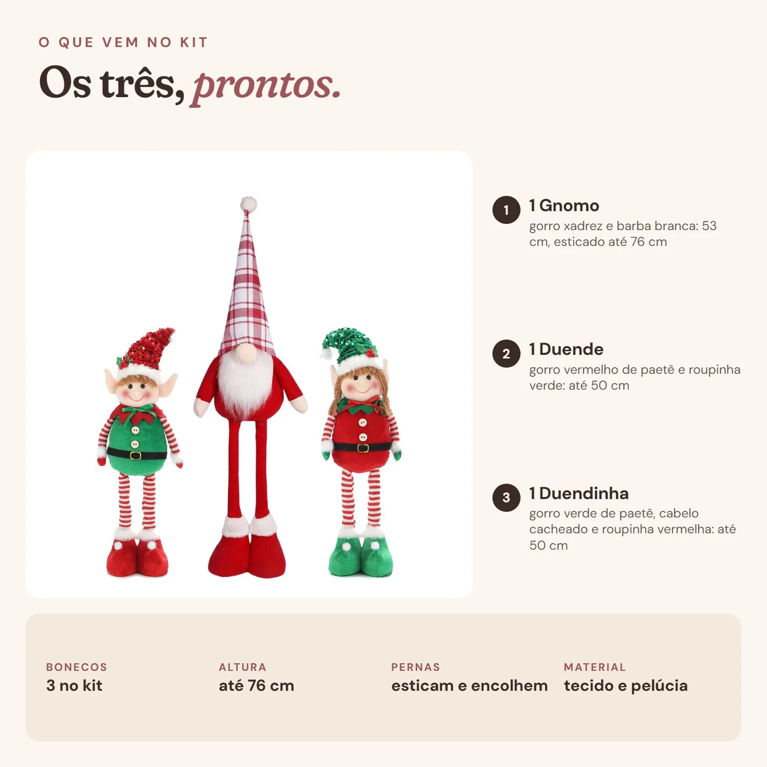 O Gnomo, o Duende e a Duendinha lado a lado, com a altura de cada um