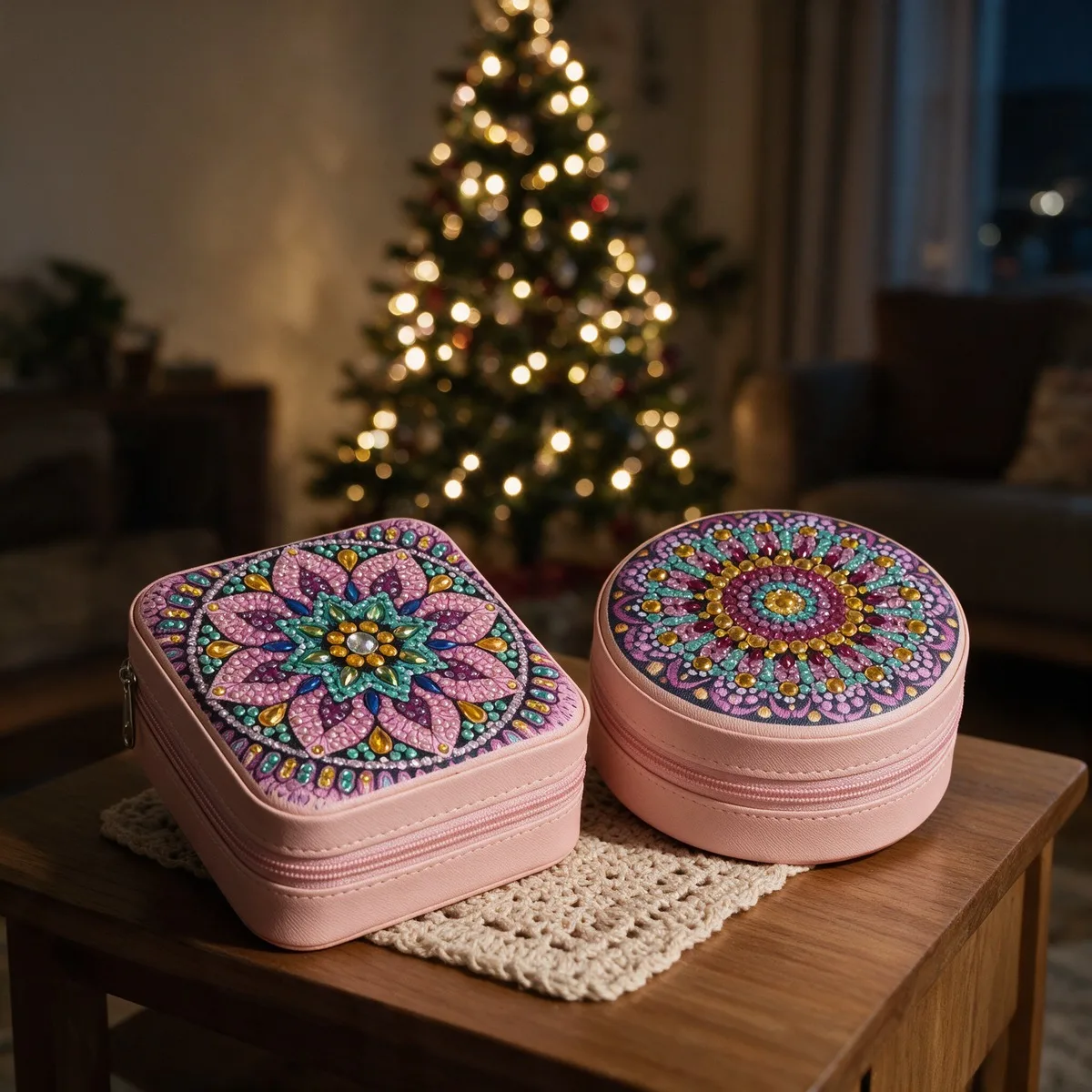 Kit 2 Porta-Joias com Pintura de Diamantes (Mandalas Rosé: Quadrado e Redondo)